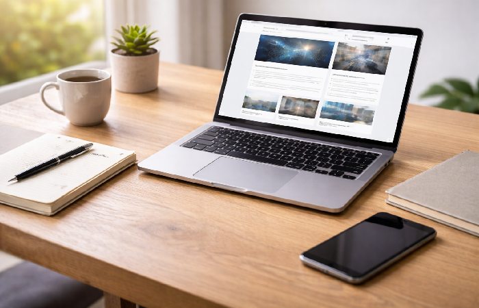 A workspace with a laptop and notebook representing general users consuming online technology information.