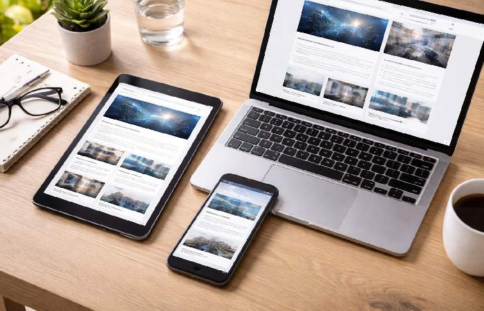 Multiple digital devices displaying generic content layouts that represent different types of technology articles.