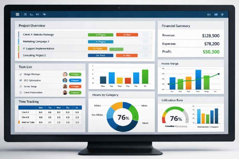 PSA software dashboard showing project management, time tracking, and financial reporting integrated in one platform