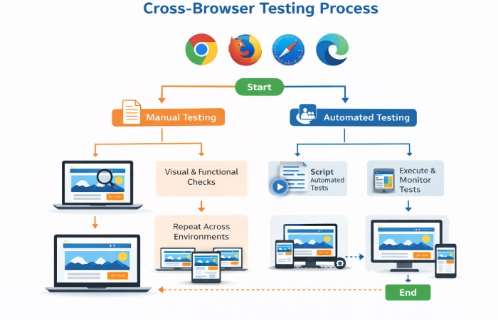 Flowchart illustrating manual and automated browser testing workflow across devices