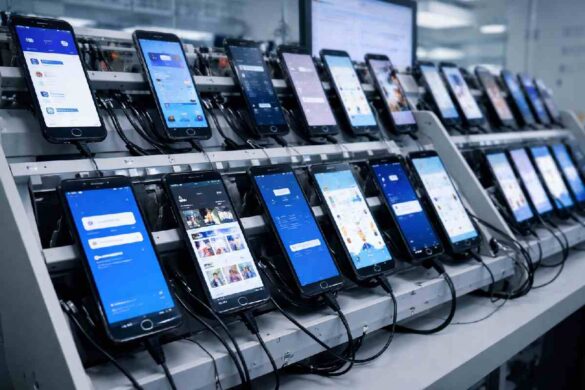 real mobile devices in a testing lab connected for app testing