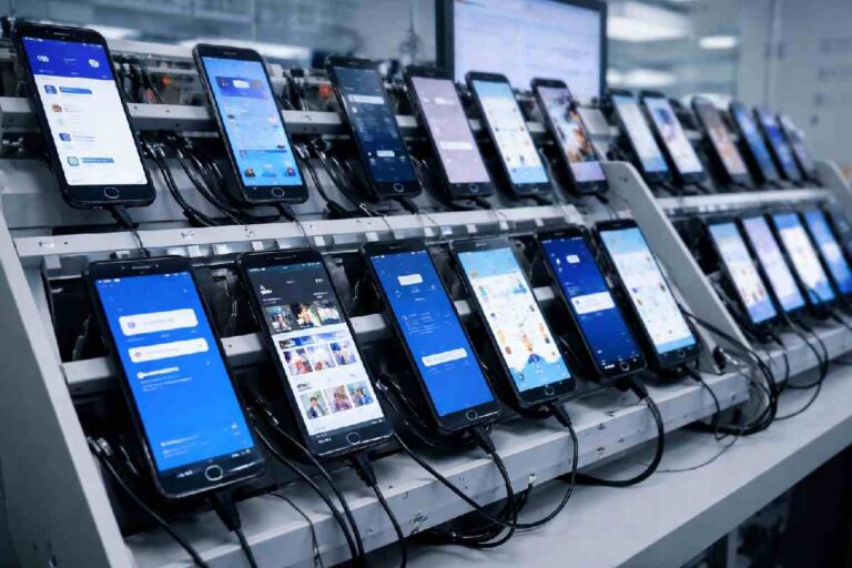 real mobile devices in a testing lab connected for app testing