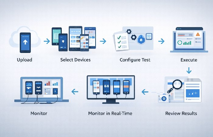visual workflow of mobile testing process using a device farm