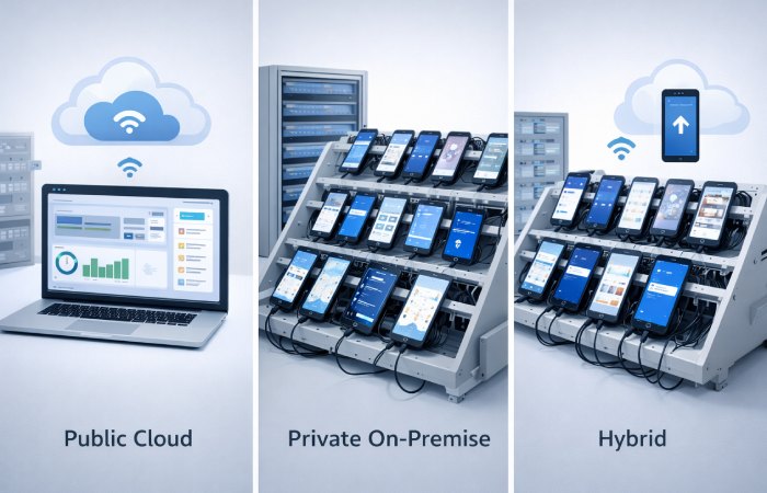 visual comparison of public cloud, private, and hybrid device farm setups