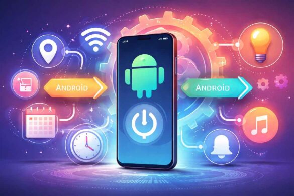 concept diagram of Android automation workflow with triggers and actions