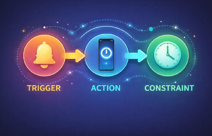 flowchart illustrating trigger leading to action with optional constraint in automation