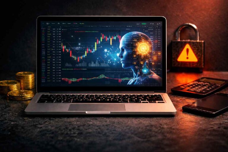 Cryptocurrency trading platform displayed on laptop with market chart and risk atmosphere