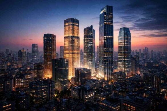 City skyline with a few illuminated skyscrapers dominating smaller surrounding buildings, symbolizing oligopoly market concentration