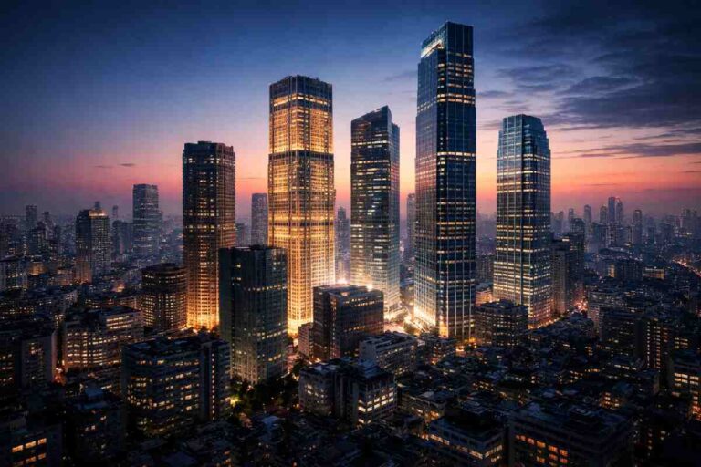 City skyline with a few illuminated skyscrapers dominating smaller surrounding buildings, symbolizing oligopoly market concentration