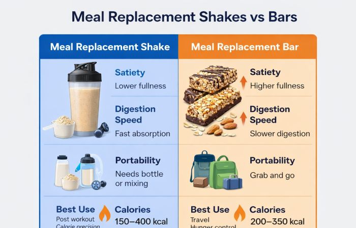 infographic comparing meal replacement shakes and bars