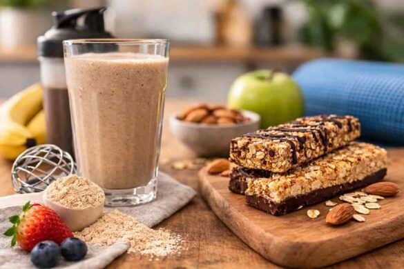 meal replacement shake and nutrition bars on kitchen counter