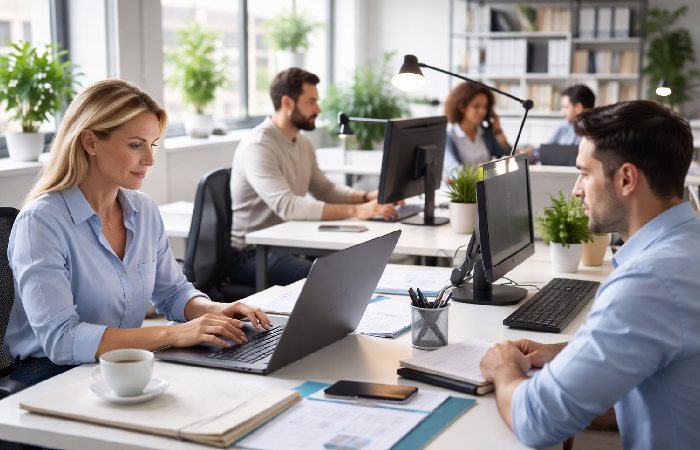 office employees working during a weekday business day