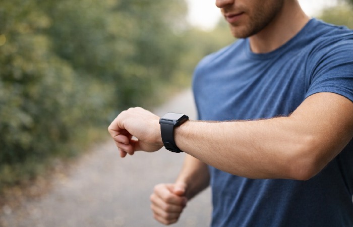 Runner wearing smartwatch tracking heart rate