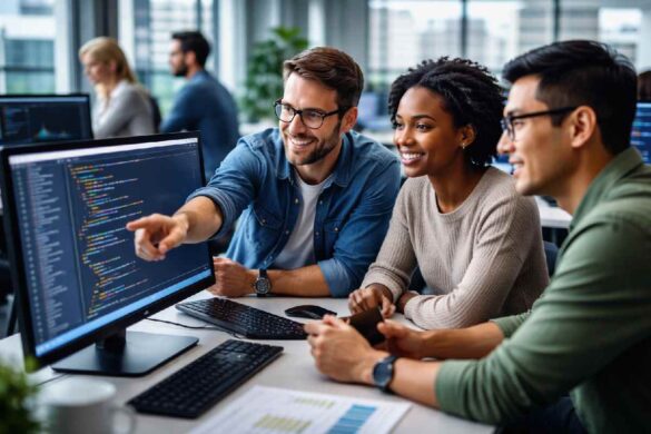 IT outsourcing team collaborating on software development project