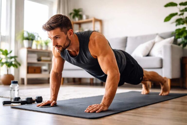 beginner doing bodyweight calisthenics workout at home
