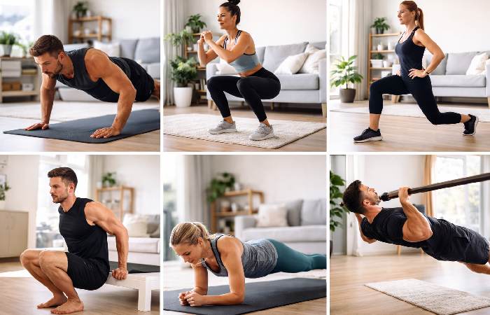 push-ups squats lunges dips plank and row exercises