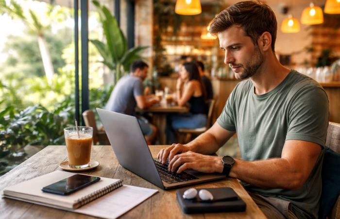 remote worker using laptop in café workspace while traveling