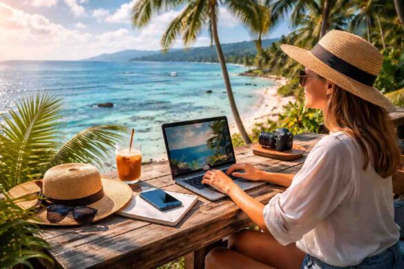 digital nomad working on laptop near beach with travel lifestyle setup