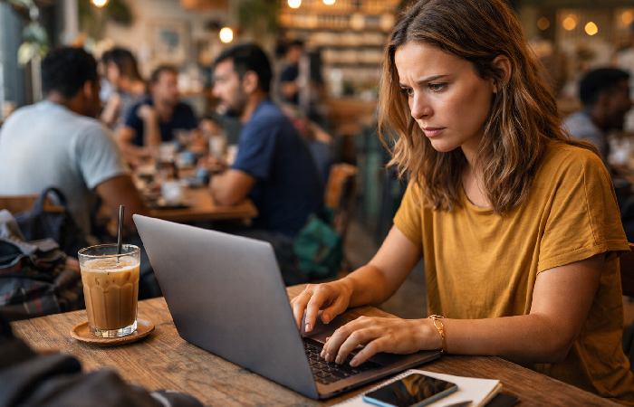 person working on laptop in busy café with distractions