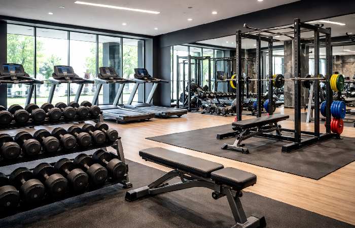 gym equipment including treadmills dumbbells and squat rack
