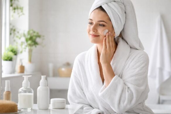 person following a simple facial care routine in bathroom