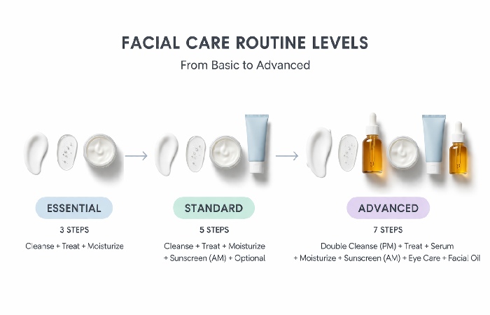 visual showing different levels of facial care routines