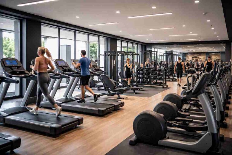 modern gym with cardio machines and strength training area
