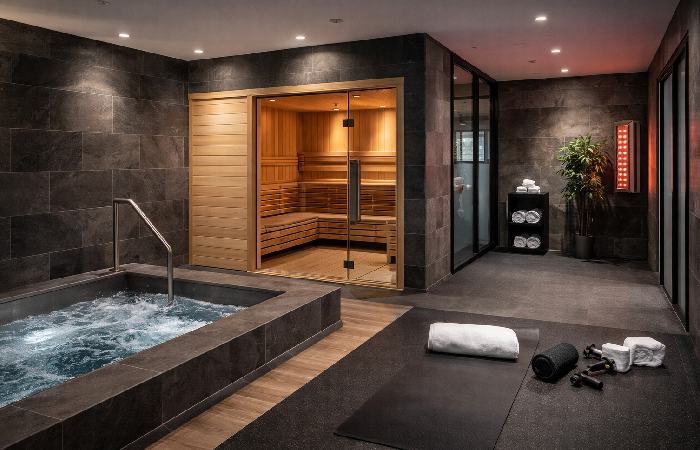 gym recovery area with sauna and cold plunge pool