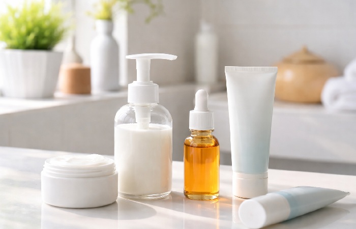 morning facial care products arranged on a clean surface