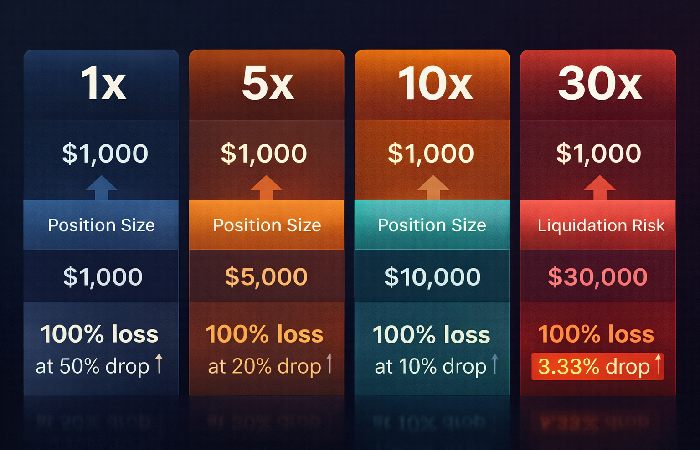 Leverage comparison showing liquidation risk at 30x crypto trading
