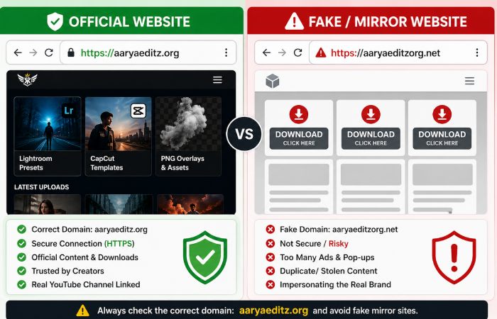 Comparison of official AaryaEditz.org and suspicious fake mirror domain