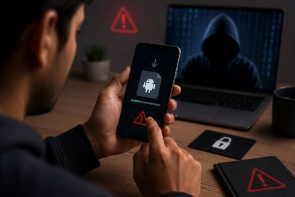 User downloading APK on smartphone with security risk concept