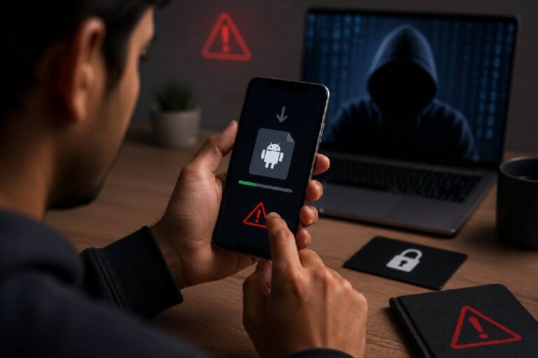 User downloading APK on smartphone with security risk concept
