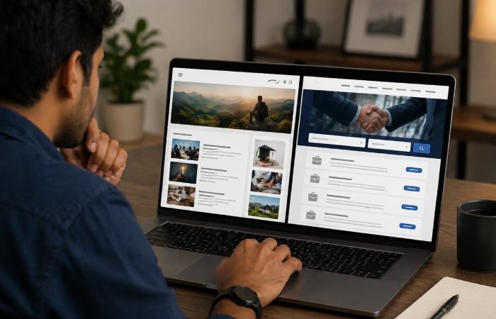 user comparing two different website layouts on laptop