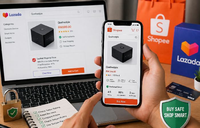 Checking Shopee and Lazada sellers before buying Qushvolpix in Malaysia
