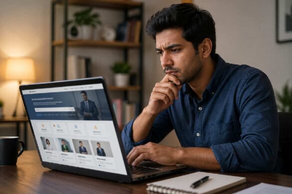 person browsing job portal with caution on laptop