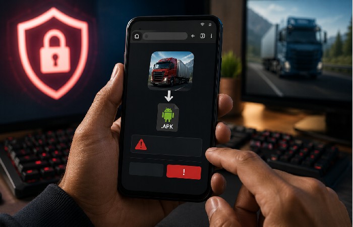 Android phone displaying an APK installation warning for a truck simulator game