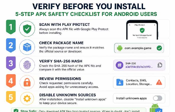 Android APK safety checklist with five verification steps