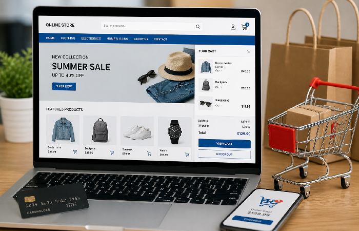 ecommerce website product listing and shopping cart interface