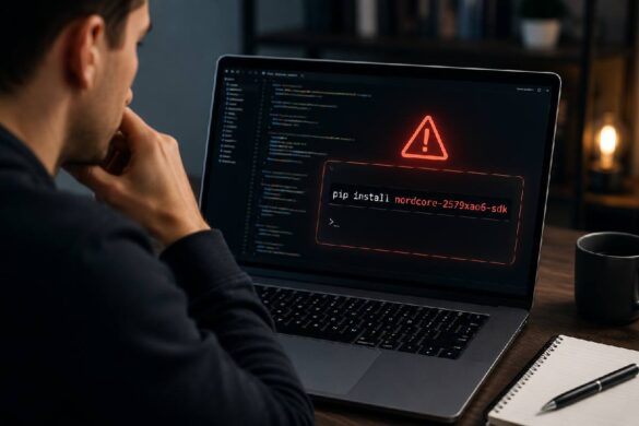 person reviewing suspicious coding command on laptop