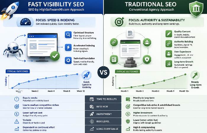 Comparison between rapid SEO visibility tactics and traditional SEO
