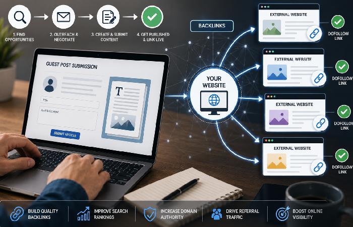 Digital marketing and guest posting workflow illustration