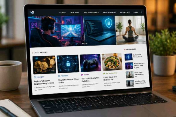 laptop showing multi-topic website with tech gaming and lifestyle sections