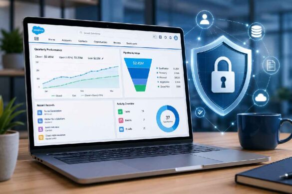 Salesforce CRM dashboard with security shield concept