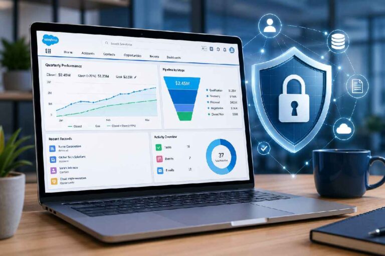 Salesforce CRM dashboard with security shield concept