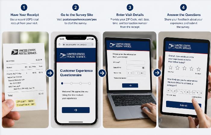 Visual walkthrough of USPS PostalExperience survey process