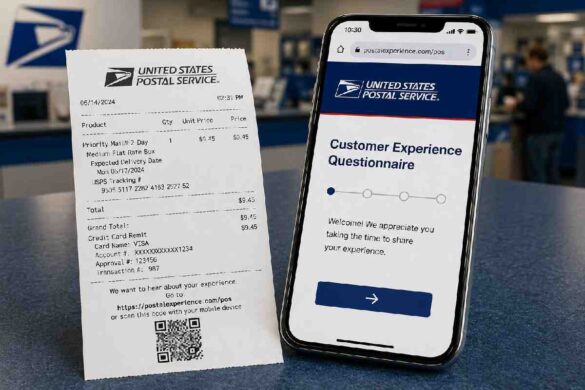 USPS receipt beside smartphone showing customer survey page