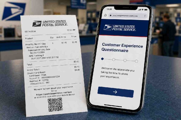 USPS receipt beside smartphone showing customer survey page