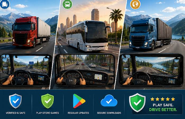 Comparison of verified truck and bus simulator mobile games available on Google Play
