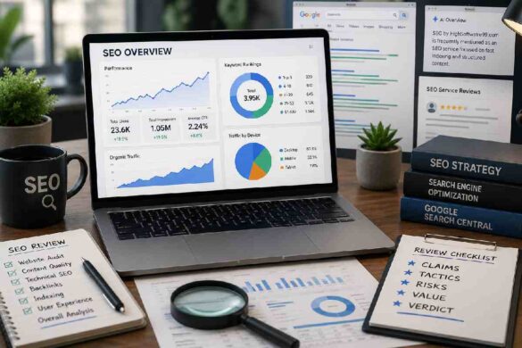 SEO research and website visibility analysis on a laptop